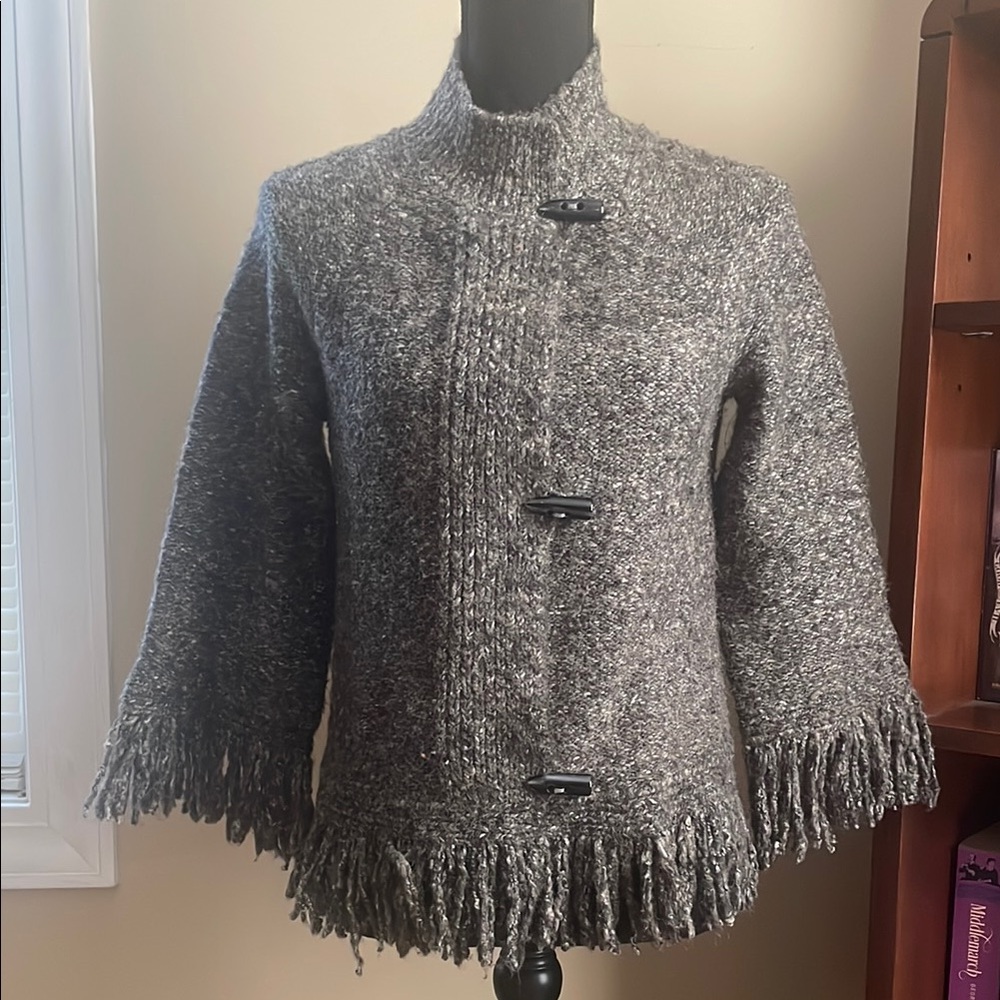 Gray Wool Cape with Fringe Trim